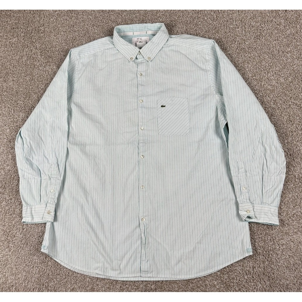 Lacoste Shirt Mens 44 Green‎ Stripped Button Up Long Sleeve Regular Fit Cotton